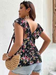 Blusa peplum con estampado floral - Negro - Ver 2