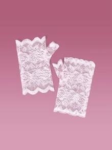 ROMWE Floral Lace Fingerless Gloves - Pink - View 2