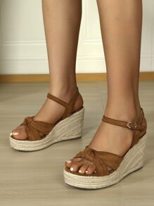 仿麂皮結飾編織踝帶坡跟涼鞋 - 棕色 - 查看 2