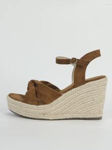 仿麂皮結飾編織踝帶坡跟涼鞋 - 棕色 - 查看 3