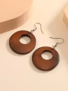 Round Wooden Drop Earrings - Brown - View 2