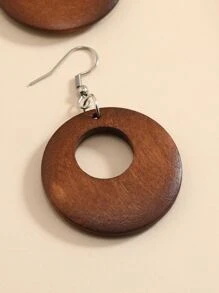 Round Wooden Drop Earrings - Brown - View 3