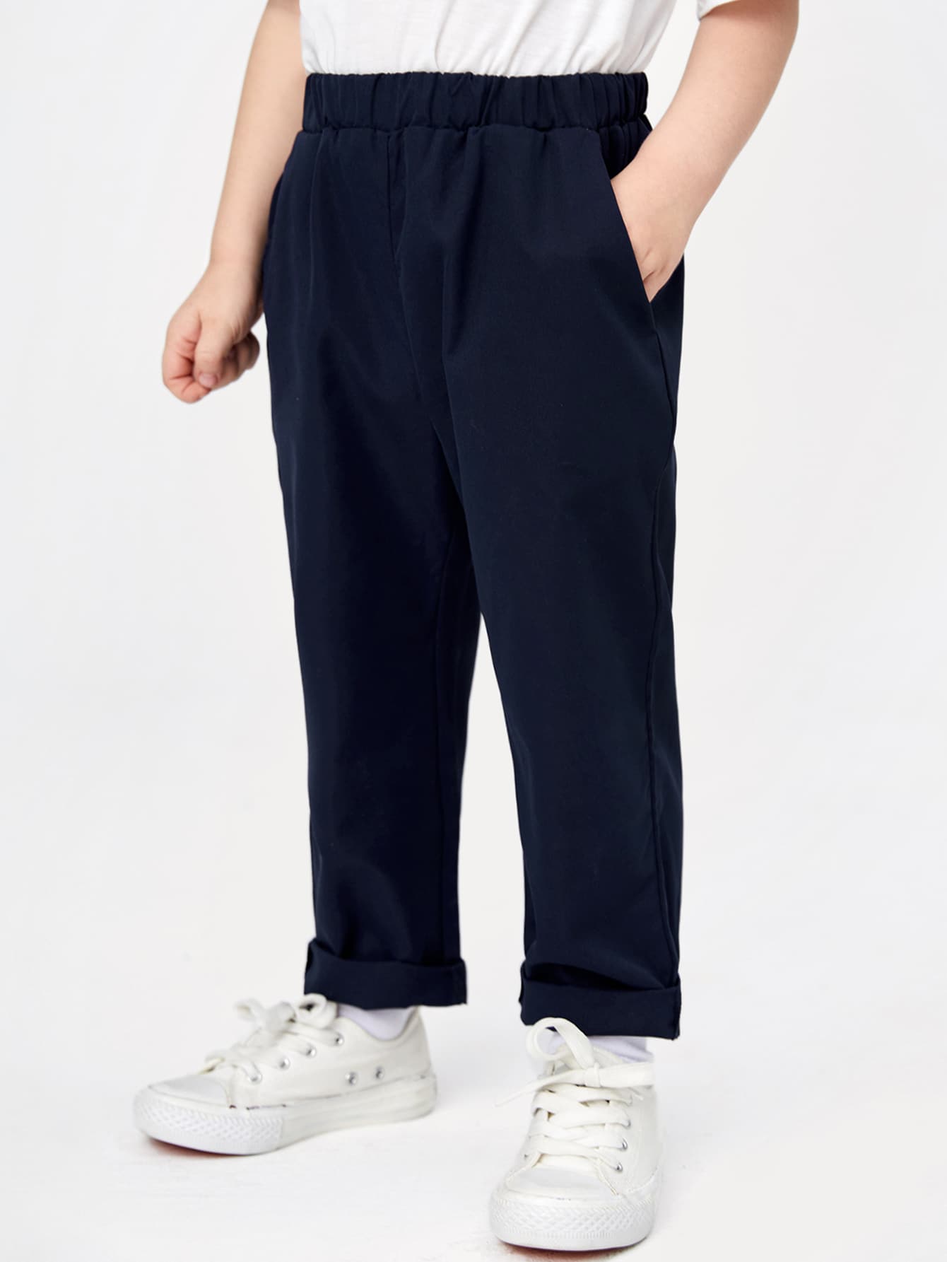 SHEIN Young Boy Elastic Waistband Solid Weave Casual Pants - Navy Blue - View 1