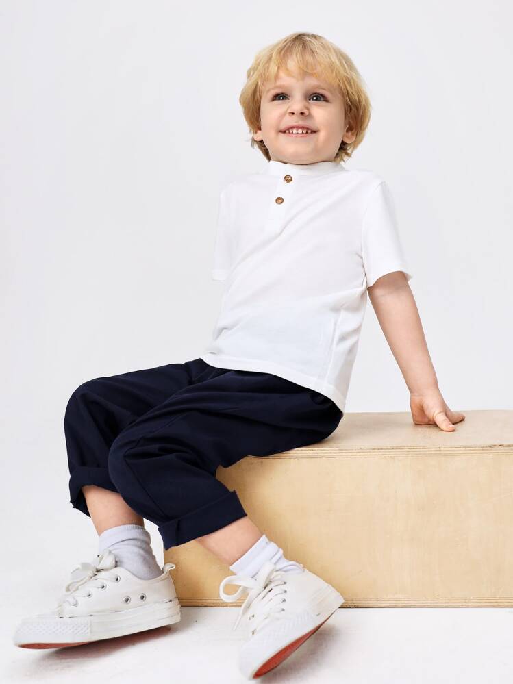 SHEIN Young Boy Elastic Waistband Solid Weave Casual Pants - Navy Blue - View 5