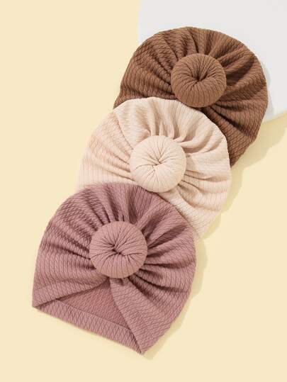 3pcs Baby Solid Hat With Bowknot Decor