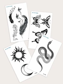 Pack Of 4 Small Snake Butterfly Feather Pattern Finger Wrist Small Body Parts Tattoo Stickers - Black - View 4