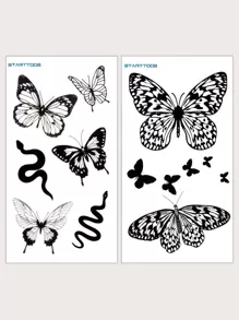 兩張蝴蝶和蛇圖案紋身貼紙 - 黑色 - 查看 1