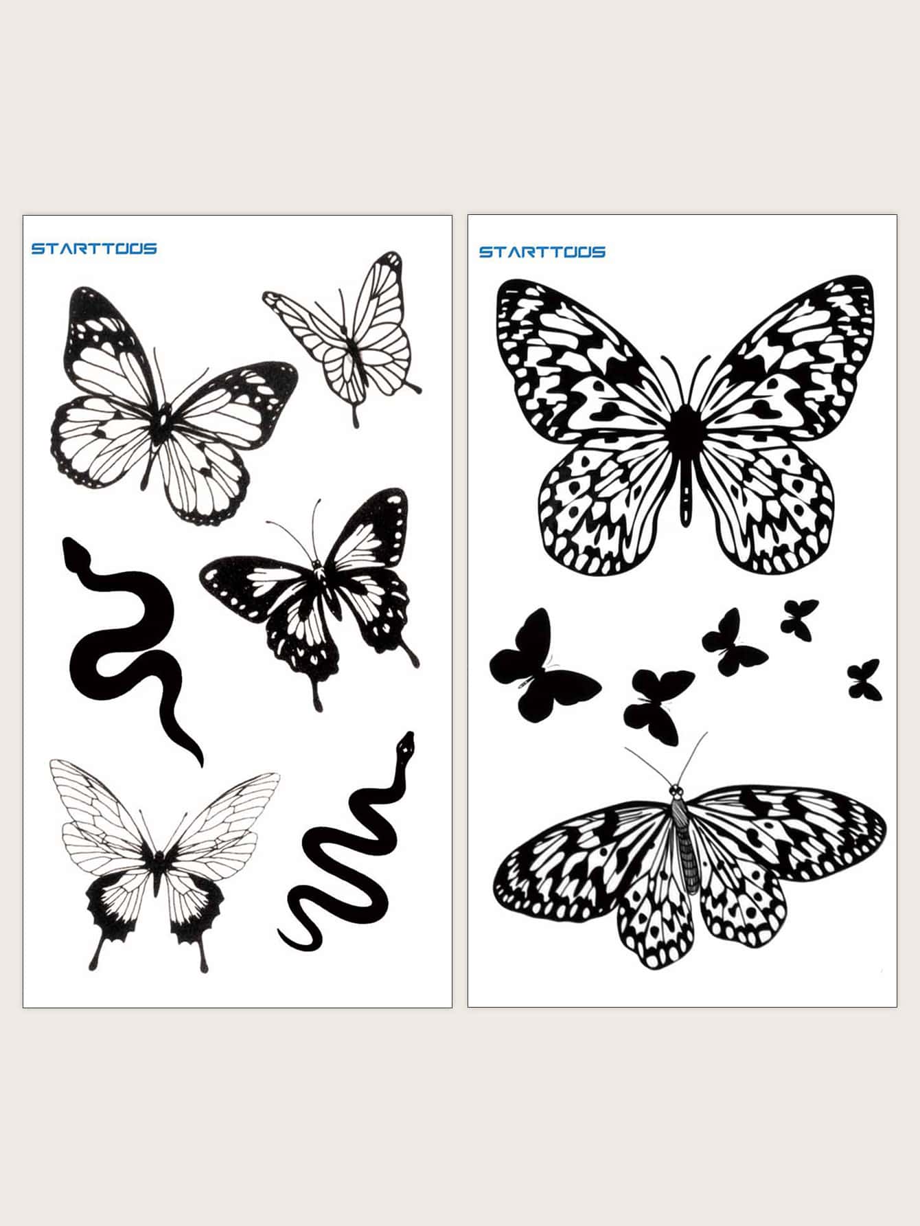 兩張蝴蝶和蛇圖案紋身貼紙 - 黑色 - 查看 1