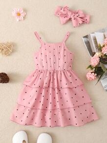 Baby Polka Dot Print Layered Hem Cami Dress - Dusty Pink - View 3