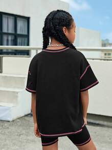 SHEIN Girls Letter Graphic Contrast Stitch Top & Biker Shorts Set - Black - View 2