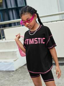 SHEIN Girls Letter Graphic Contrast Stitch Top & Biker Shorts Set - Black - View 3