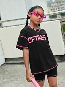 SHEIN Girls Letter Graphic Contrast Stitch Top & Biker Shorts Set - Black - View 4