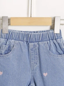 嬰兒女娃娃心形刺繡毛邊牛仔褲 - 淺色水洗藍 - 查看 3