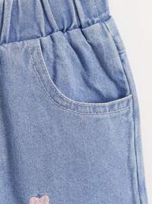 嬰兒女娃娃心形刺繡毛邊牛仔褲 - 淺色水洗藍 - 查看 5