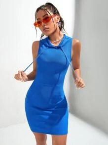 SHEIN EZwear Vestido con capucha unicolor con parche de bolsillo - Azul - Ver 1