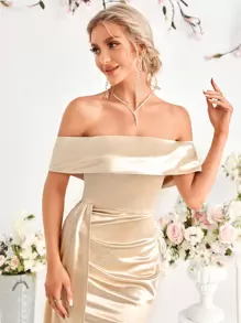 SHEIN Belle 一字領垂墜緞面伴娘洋裝 - 杏色 - 查看 5