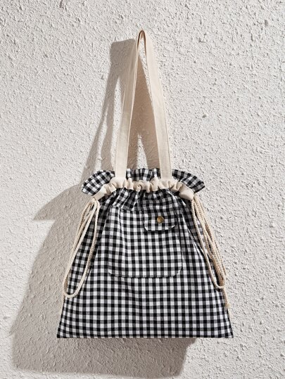 格子圖案抽繩設計購物袋