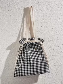 Gingham Print Drawstring Design Shopper Bag