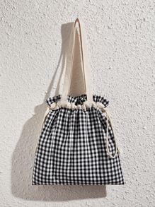 Gingham Print Drawstring Design Shopper Bag