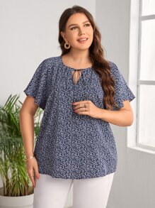 EMERY ROSE Plus Ditsy Floral Tie Neck Blouse - Blue and White - View 2