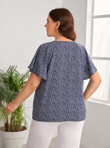 EMERY ROSE Plus Ditsy Floral Tie Neck Blouse - Blue and White - View 3