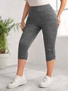 SHEIN EZwear Plus Marled Knit Ruched Leggings - Grey - View 3