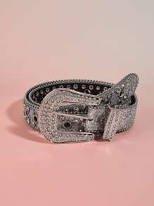 Rhinestone Decor Eyelet Belt - Silver - View 7