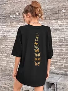 INAWLY Butterfly Print Drop Shoulder Tee