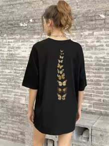 INAWLY Butterfly Print Drop Shoulder Tee