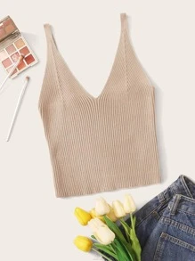SHEIN Unity Ribbed V-Neck Crop Top - Apricot - View 1
