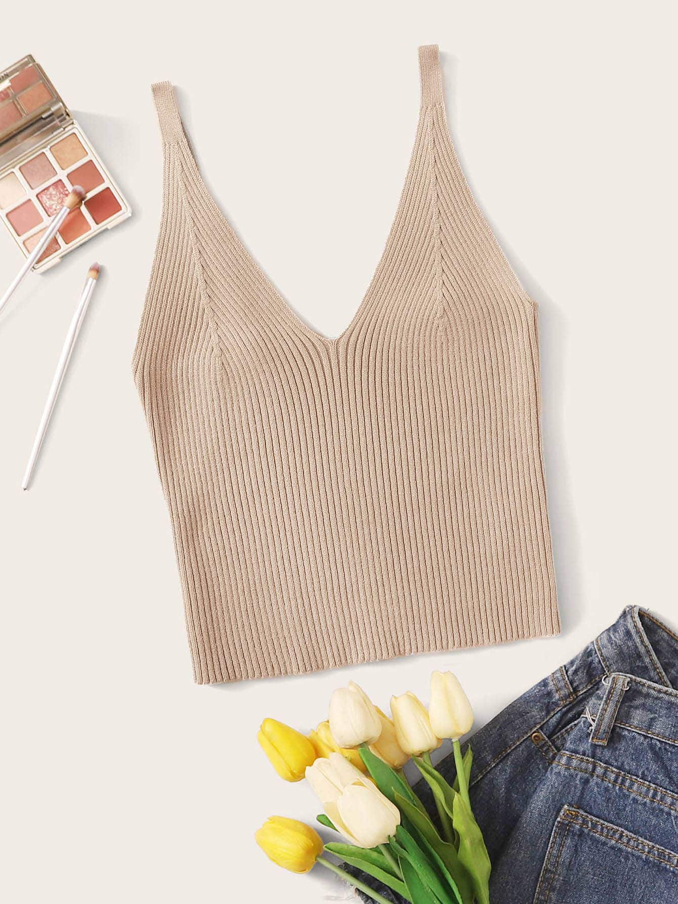 SHEIN Unity Ribbed V-Neck Crop Top - Apricot - View 1
