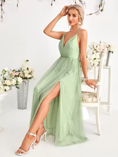 Split Thigh Backless Cami Mesh Bridesmaid Dress