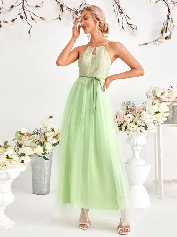 Contrast Lace Belted Cami Bridesmaid Dress