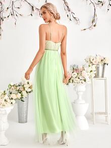Contrast Lace Belted Cami Bridesmaid Dress - Lime Green - View 2