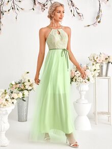Contrast Lace Belted Cami Bridesmaid Dress - Lime Green - View 3