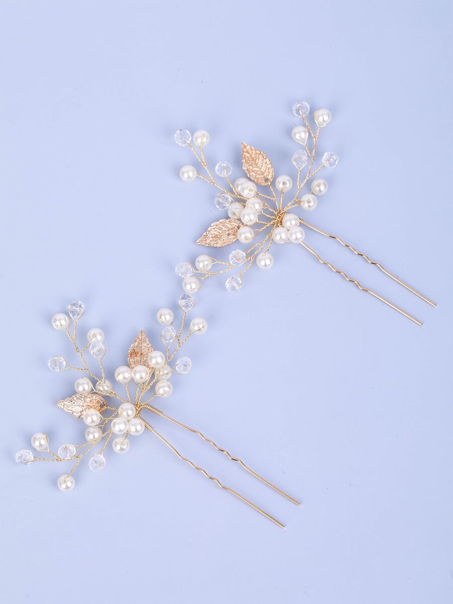 2 件波西米亚风格叶子发夹，适合女士、新娘婚礼头饰、派对和庆典发饰 - 金色 - 查看 1