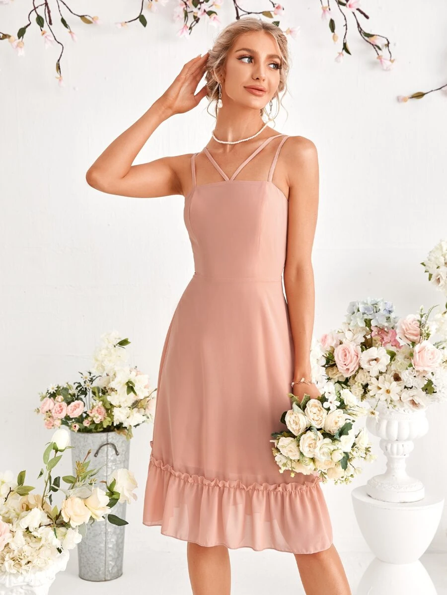 SHEIN Belle 木耳褶皺邊荷葉邊後拉鍊吊帶裙伴娘禮服