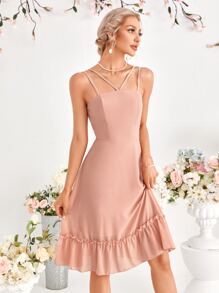 SHEIN Belle 木耳褶皺邊荷葉邊後拉鍊吊帶裙伴娘禮服