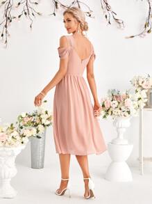 SHEIN Belle Cold Shoulder V-Back Ruched Chiffon Bridesmaid Dress - Pink - View 2