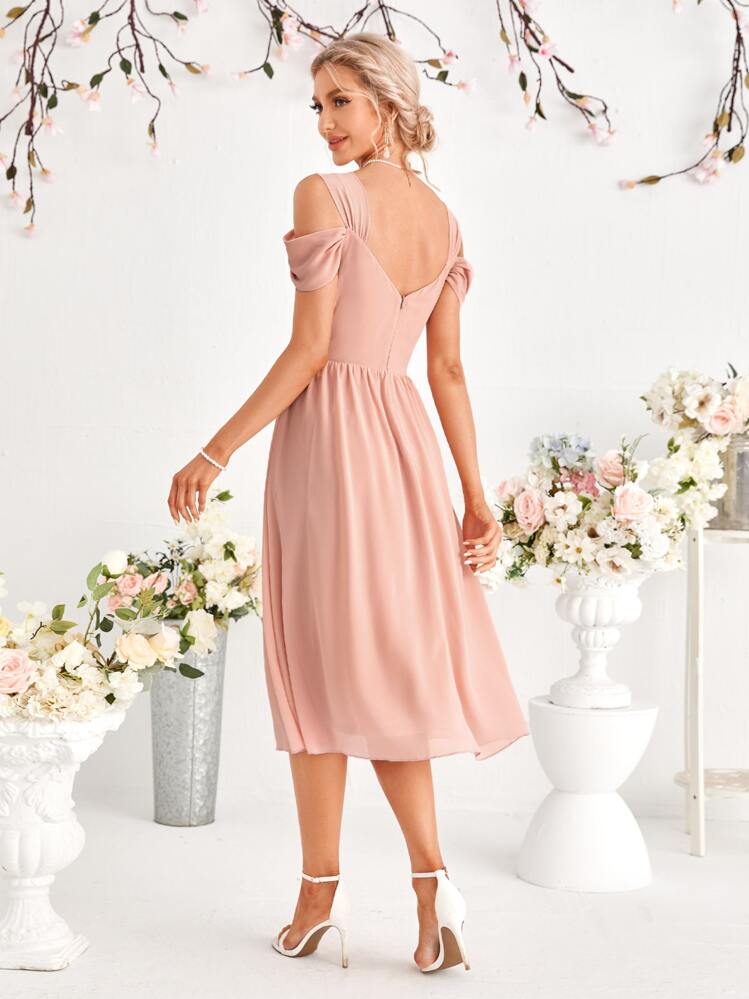 SHEIN Belle Vestido de dama de honor de hombros descubiertos de espalda V fruncido de gasa - Rosa - Añade 2