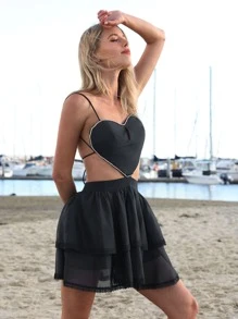 SHEIN Unity Rhinestone Heart Shaped Tie Backless Layered Hem Cami Dress - Black - View 1