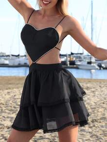 SHEIN Unity Rhinestone Heart Shaped Tie Backless Layered Hem Cami Dress - Black - View 3