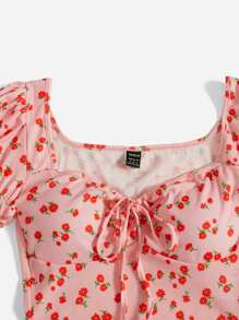 Soleia Puff Sleeve Tie Front Ditsy Floral Top - Dusty Pink - View 4
