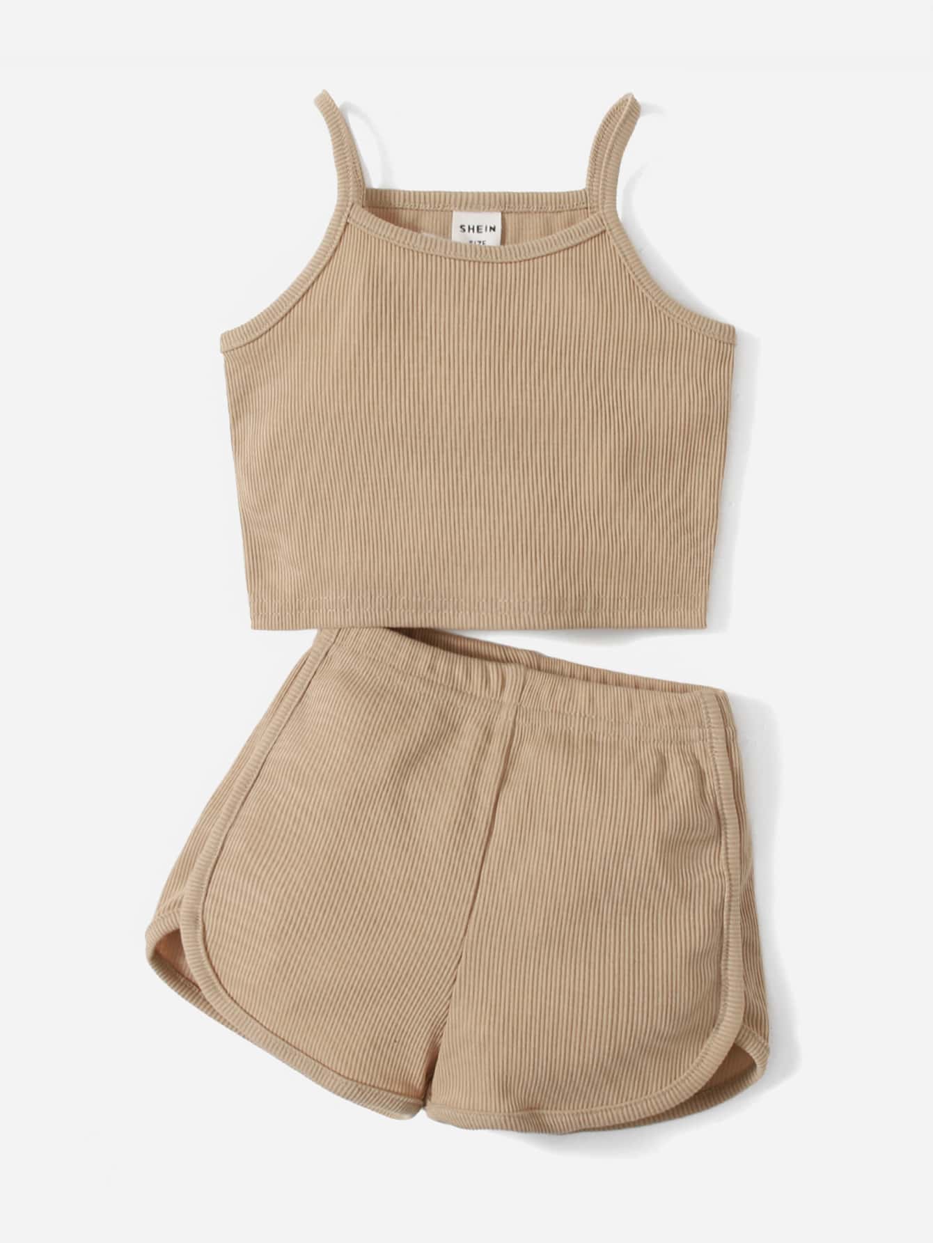 SHEIN Top Y Shorts De Punto Acanalado Sólido Para Niña Bebé - Caqui - Ver 1