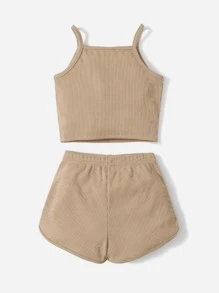 SHEIN Top Y Shorts De Punto Acanalado Sólido Para Niña Bebé - Caqui - Ver 2