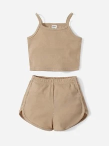 SHEIN Top Y Shorts De Punto Acanalado Sólido Para Niña Bebé - Caqui - Ver 3