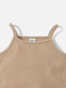 SHEIN Top Y Shorts De Punto Acanalado Sólido Para Niña Bebé - Caqui - Ver 4