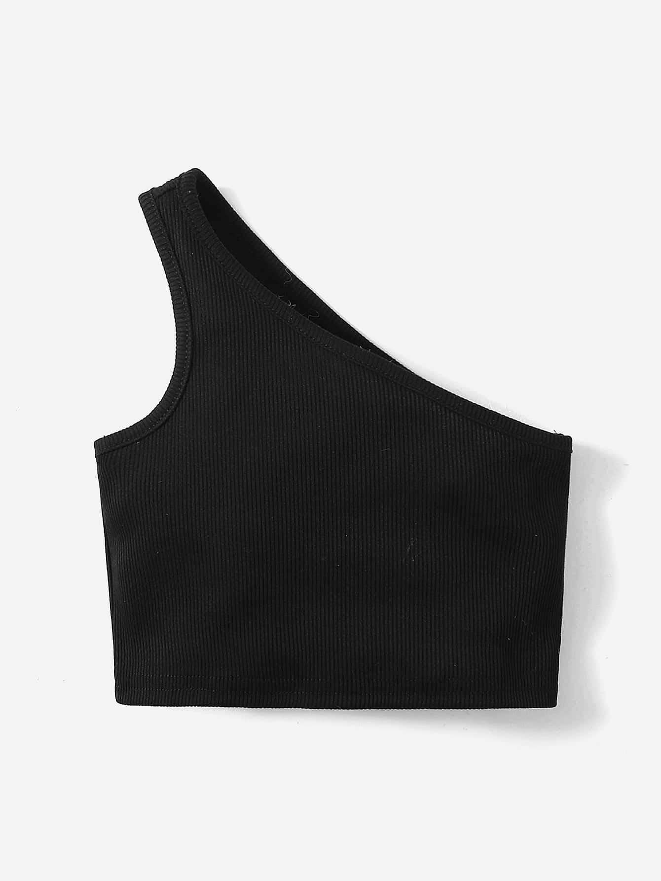 SHEIN Đứa bé gái Một bờ vai Áo - màu đen - Xem 1