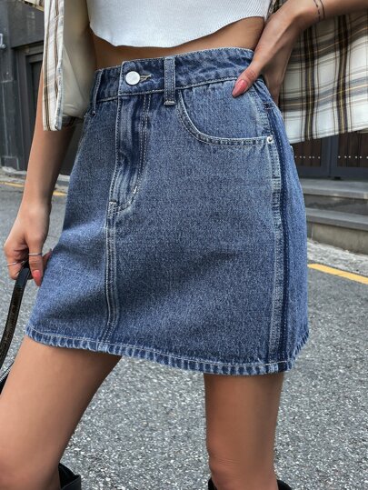Slant Pockets Straight Denim Skirt Jeans Skirt