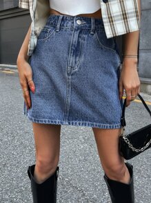 DAZY Slant Pockets Straight Denim Skirt Jeans Skirt - Medium Wash - View 2